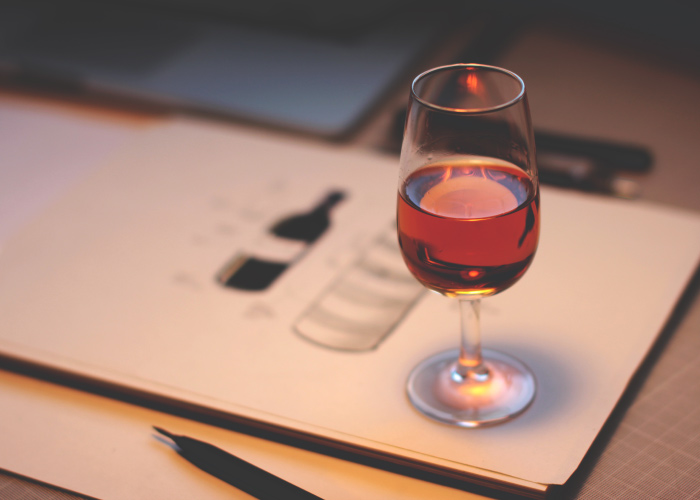 A clear goblet holds red wine while sitting on a wine menu
