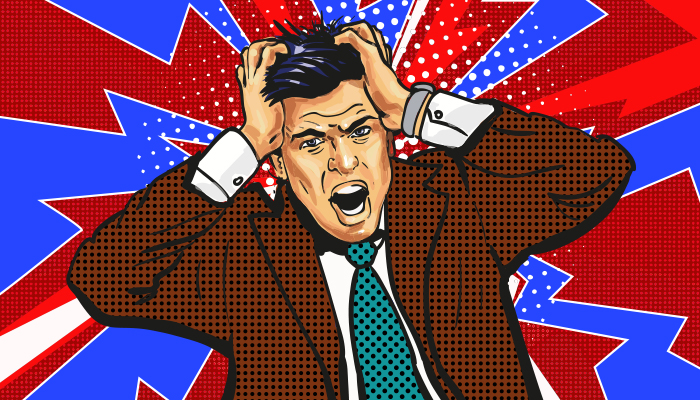 Drawing of a dark-haired man against a red background clutching his forehead in panic due to a dental emergency